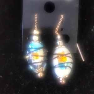 White, lt blue and gold glass bead earrings for pierced ears on a silver thread.